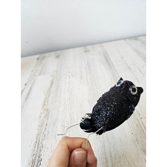 Clip sparkle glitter owl ornament black sequin feather Halloween tree - Picture 4 of 9